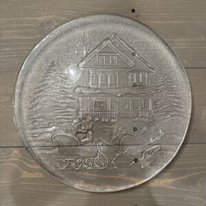 Christmas Clear Glass Plate Santa on Horse Toys Round 12.5” - Serving Tray